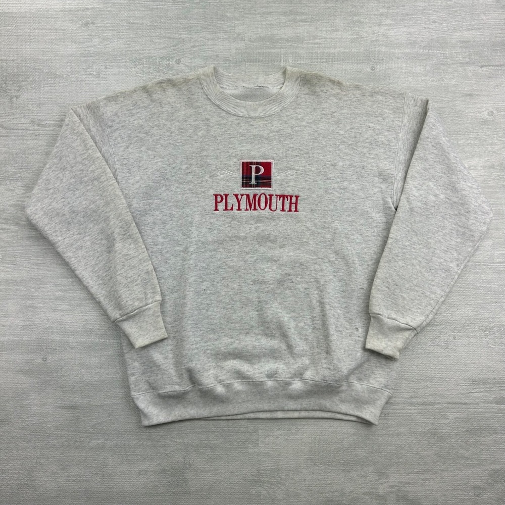 Vintage 90s Plymouth Sweatshirt Size Large Gray Embroidered Logo‎ Crewneck